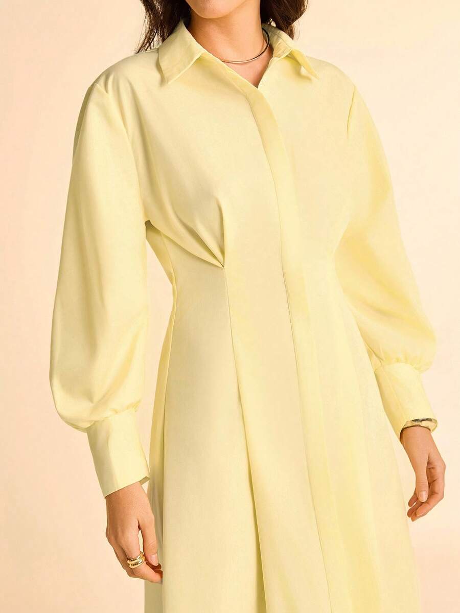 CAJUNI Elegant Solid Color Waist Cinched Long Sleeve Maxi Dress - Light Yellow - View 1