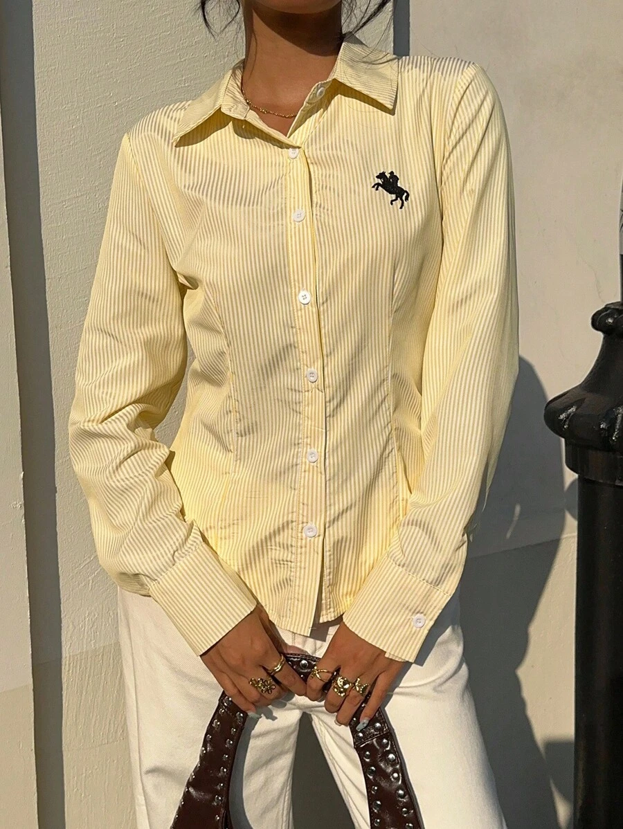 SHEIN EZwear Women's Autumn Outing Clothing New Style Embroidered Horse Cream Yellow Stripes Waist Decoration Slim Long Sleeve Shirt,Tops For School   Suitable For Daily Wear,Fall Tops