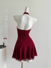 Sweetra 女士露背蕾丝拼接酒红色性感优雅连衣裙