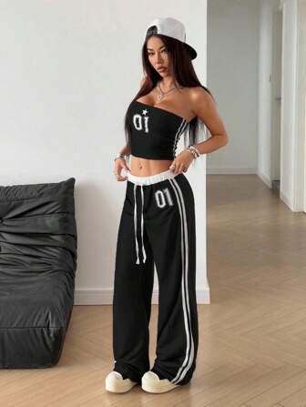 StreetHx Women's Navy Blue & White Numeric Print Cropped Bandeau Top With Waist Splice Casual Sports Streetwear Retro Long Sweatpants, Vacation & Sporty Chic Tracksuit