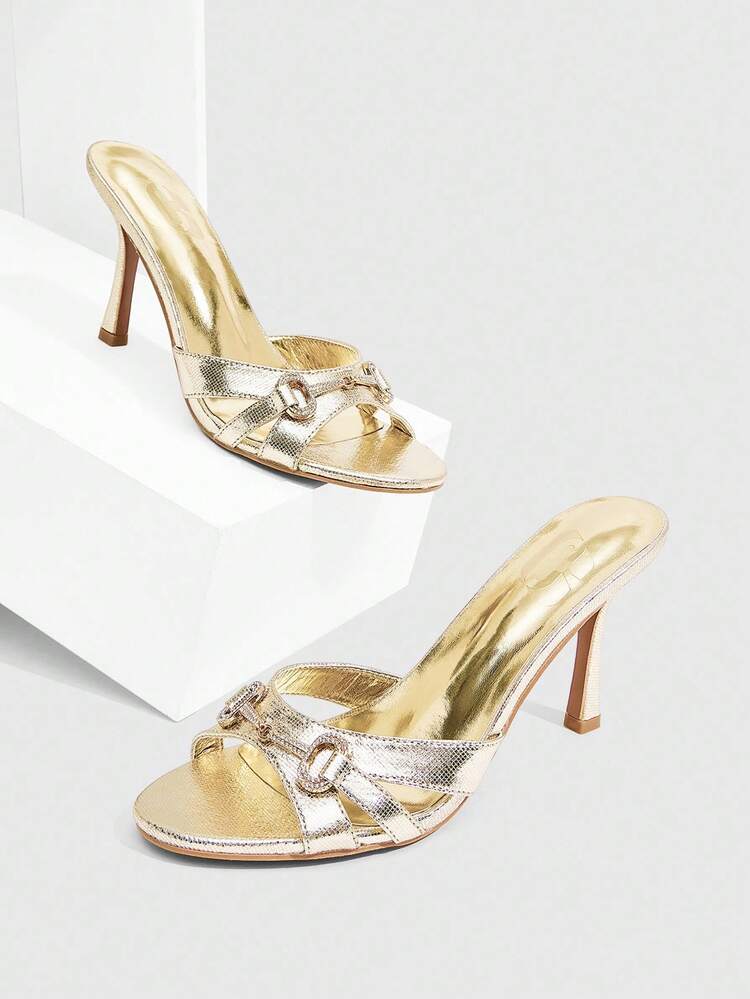 CUCCOO SZL Women's 8.8cm High Heel Round Toe Mule Sandals With Gold Metal PU & Rhinestone Decor, Fashion Evening Shoes For Christmas Spring Shoes Prom Heels
