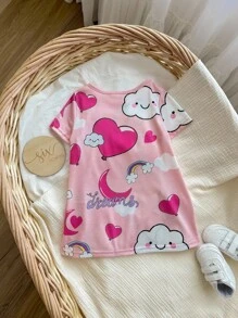 Baby Girl Cute Cartoon Print Short Sleeve Mid-Length Nightgown, Summer - Pink - View 2