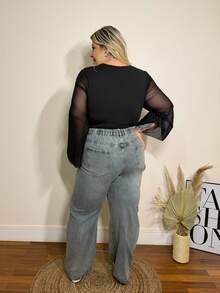 magalhaesca Body Con Mangas Acampanadas Y Busto Fruncido Con Cuello Cuadrado De Talla Grande - Negro - Ver 2