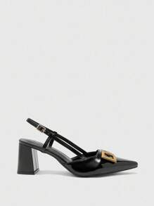 CUCCOO BIZCHIC Women's Pointed Toe Chunky High Heel Black Shoes With Gold Buckle Strap, All-Match Minimalist Design, Versatile For Work And Commute - Black - View 2