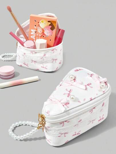 Kawaii Fashionable Pearl Bow Cake Design Makeup Bag, Cute Portable Mini Makeup Pouch For Girls