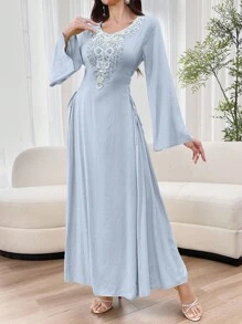 Al Najma Women's Elegant Embroidered & Beaded Arabic Style Long Dress,Modest