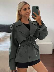 DAZY 女式系带休闲短款风衣女式夹克，秋季女装 - 深灰色 - 查看 4