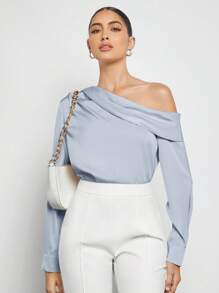 BizChic 春夏新款不对称设计褶皱肩部宽松长袖缎面衬衫，现代优雅都市通勤日常浪漫90年代复古风圣诞节新年情人节派对海滩毕业时尚嘉年华假日百搭简约浪漫风，适合婚礼宾客、主人、约会、派对、音乐会、早午餐、机场等多种场合。 - 淺藍色 - 查看 5