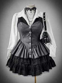 Flirla Fashion Contrast Color Patchwork Lapel Ruffle Hem Fitted Blazer  Vintage Winter Fall Autumn - Multicolor - View 7