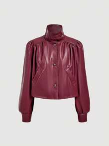 SHEIN MOD 女士时尚休闲 PU 皮革前扣立领夹克 - 酒紅色 - 查看 3