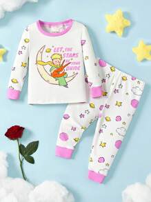 LE PETIT PRINCE X SHEIN Ensemble pyjama blanc à manches longues et pantalon, motif planète rose mignon, style décontracté pour bébé fille