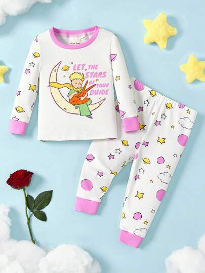 LE PETIT PRINCE X SHEIN Ensemble pyjama blanc à manches longues et pantalon, motif planète rose mignon, style décontracté pour bébé fille