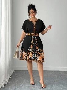 Elenzga 大码女式简约优雅黑色印花连衣裙