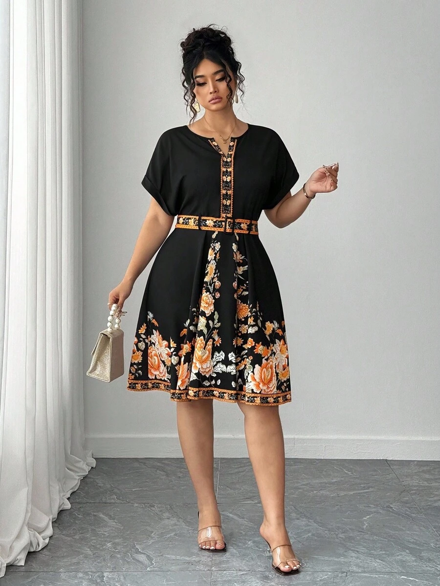 Elenzga 大码女式简约优雅黑色印花连衣裙