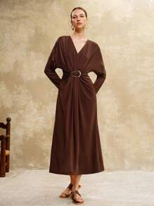 Revavyn Revavyn Women's Elegant Coffee Brown Autumn V-Neck Ruched Metal Button Waist Cinched Long Sleeve Maxi Dress,Urban Chic Brunch Outfits Maillard Style Clothes - Brown - View 7