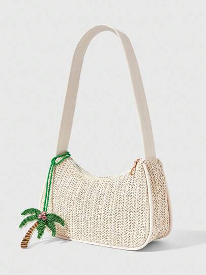 Fairycore 1 pieza Bolso de playa estilo bohemio, bolso de red calado para mujeres, adecuado para vacaciones, incluye dije y decoración de flor tropical