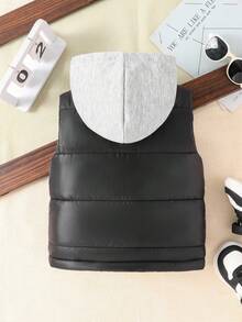 SHEIN 1pc Young Boy Kids Casual Solid Black Sleeveless Thick Hooded Vest, New Autumn/Winter Back To School - Black - View 2