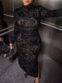 SHEIN EZwear 大码女式性感碎花网眼长袖褶皱高开衩修身连衣裙 - 黑色 - 查看 3