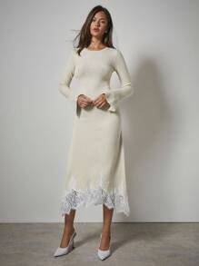 COSMINA 女式优雅喇叭袖不对称下摆蕾丝拼布毛衣裙，秋冬 - 卡其色 - 查看 1
