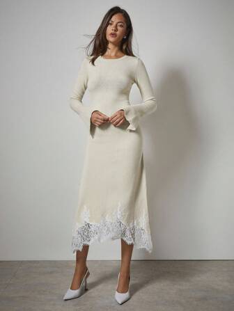 COSMINA レディース エレガントフレアスリーブ アシンメトリーヘム レースパッチワーク セーターワンピース、秋冬