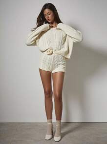 COSMINA 2pcs Women's Set: Dropped Shoulder Long Sleeve Single-Breasted Knit Cardigan And Floral Decor Knit Shorts Autumn Winter Clothes For Women - Beige - View 1