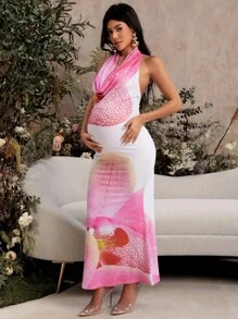 MaterniChic Pregnant Women Elegant Floral Print Backless Halter Midi Dress  Fall Women Clothes Baby Shower Modest Dresses For Women Party Outfit