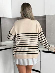 EURMUSE Sweetheart Script Embroidery Striped V-Neck Buttoned Knit Cardigan,Cardigans For Women,Long Cardigans Woman,Petite Cardigans,Cardigans - Black and White - View 2