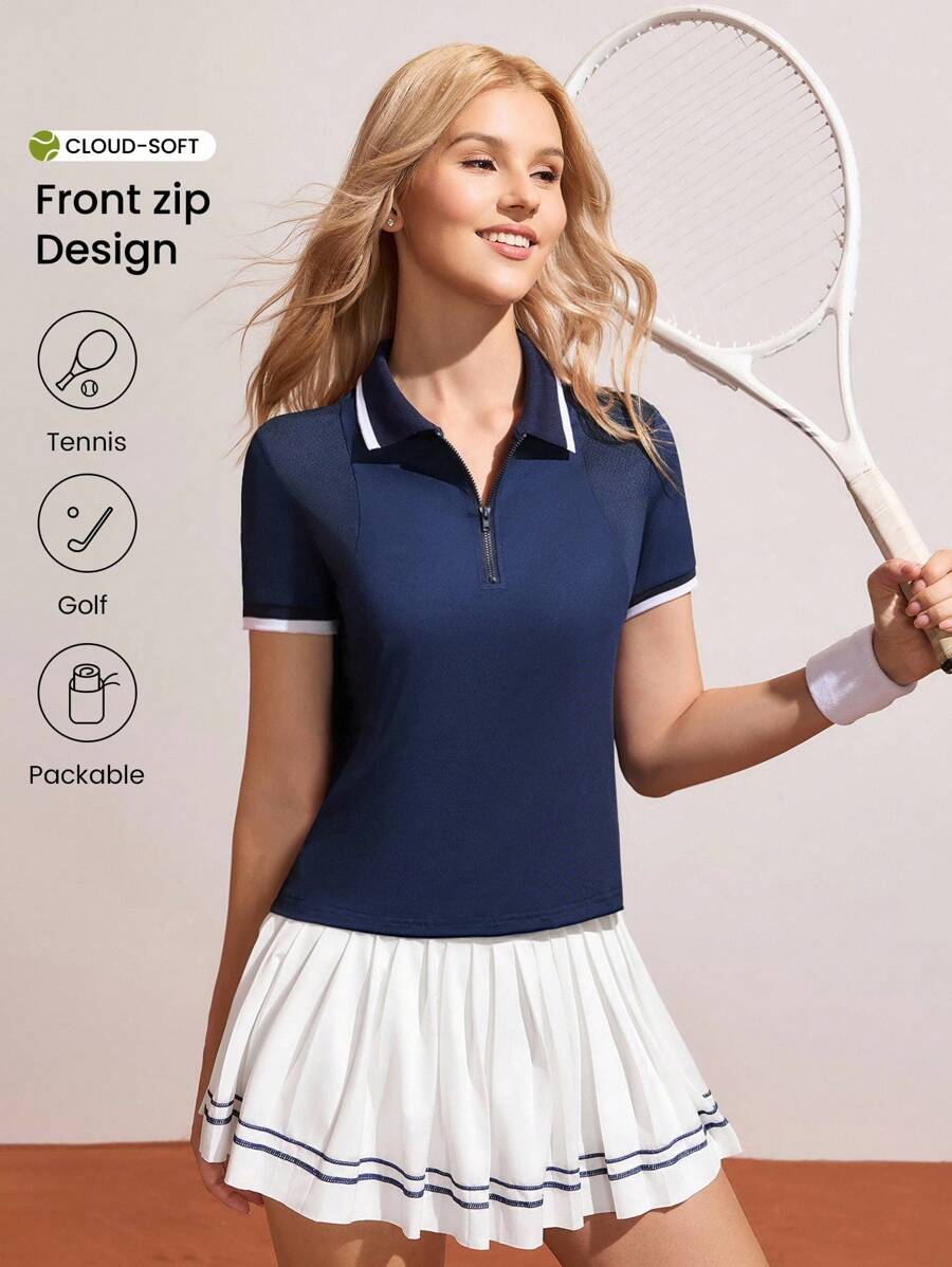 CourtClass Women's Tennis Style Minimalist Basic Contrast Color Polo Shirt Short Sleeve Tennis Polo Shirt