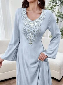 Al Najma Women's Elegant Embroidered & Beaded Arabic Style Long Dress,Modest