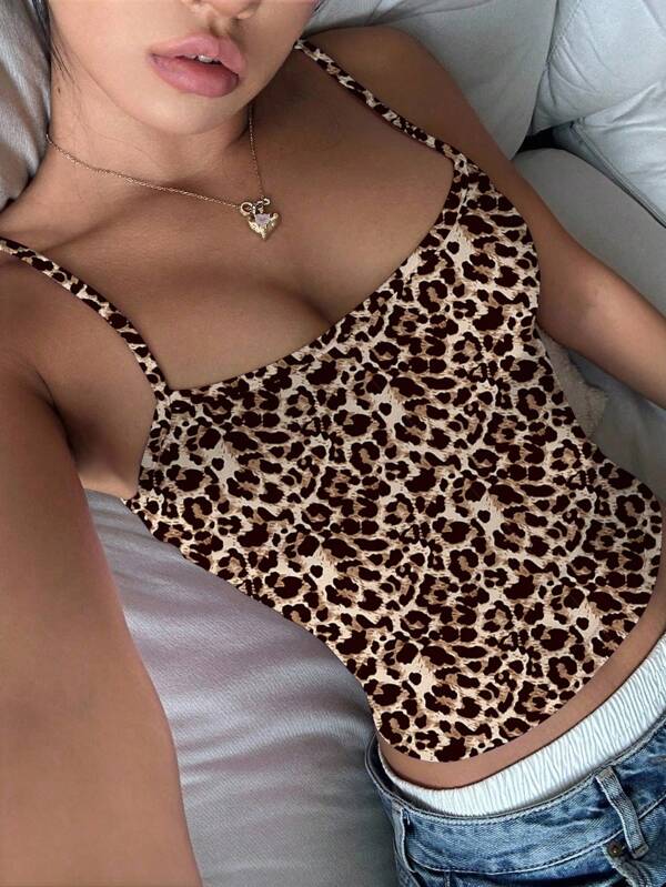 SHEIN Teen Girls Casual Leopard Print Camisole Tank Top, Sleeveless Snug Fit Summer Shirt