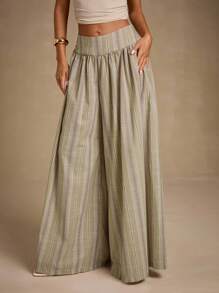 Glamine 女款杏色条纹低腰阔腿裤，时尚度假风 - 彩色 - 查看 7