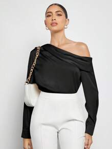 BizChic 女士不对称设计褶皱肩部宽松长袖缎面衬衫，都市通勤基本款简约优雅时尚商务休闲风，适合教师和办公室穿着 - 黑色 - 查看 5