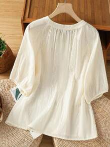 Rusticease 休闲度假纯色刺绣插肩袖衬衫 - 白色 - 查看 2