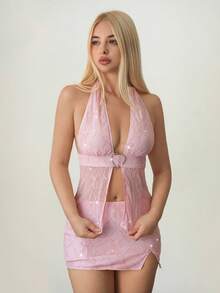 SHEIN ICON 女式蝴蝶结刺绣亮片两件套，心形水钻纽扣短款上衣和紧身裙，性感又 - 粉色 - 查看 3