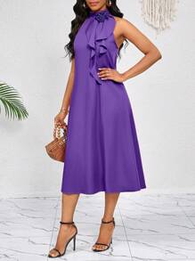 SHEIN Lady 3D立体花朵荷叶边装饰领口，橙色中长款连衣裙，优雅淑女宽松休闲，春夏度假风，波西米亚风情。 - 紫色 - 查看 5