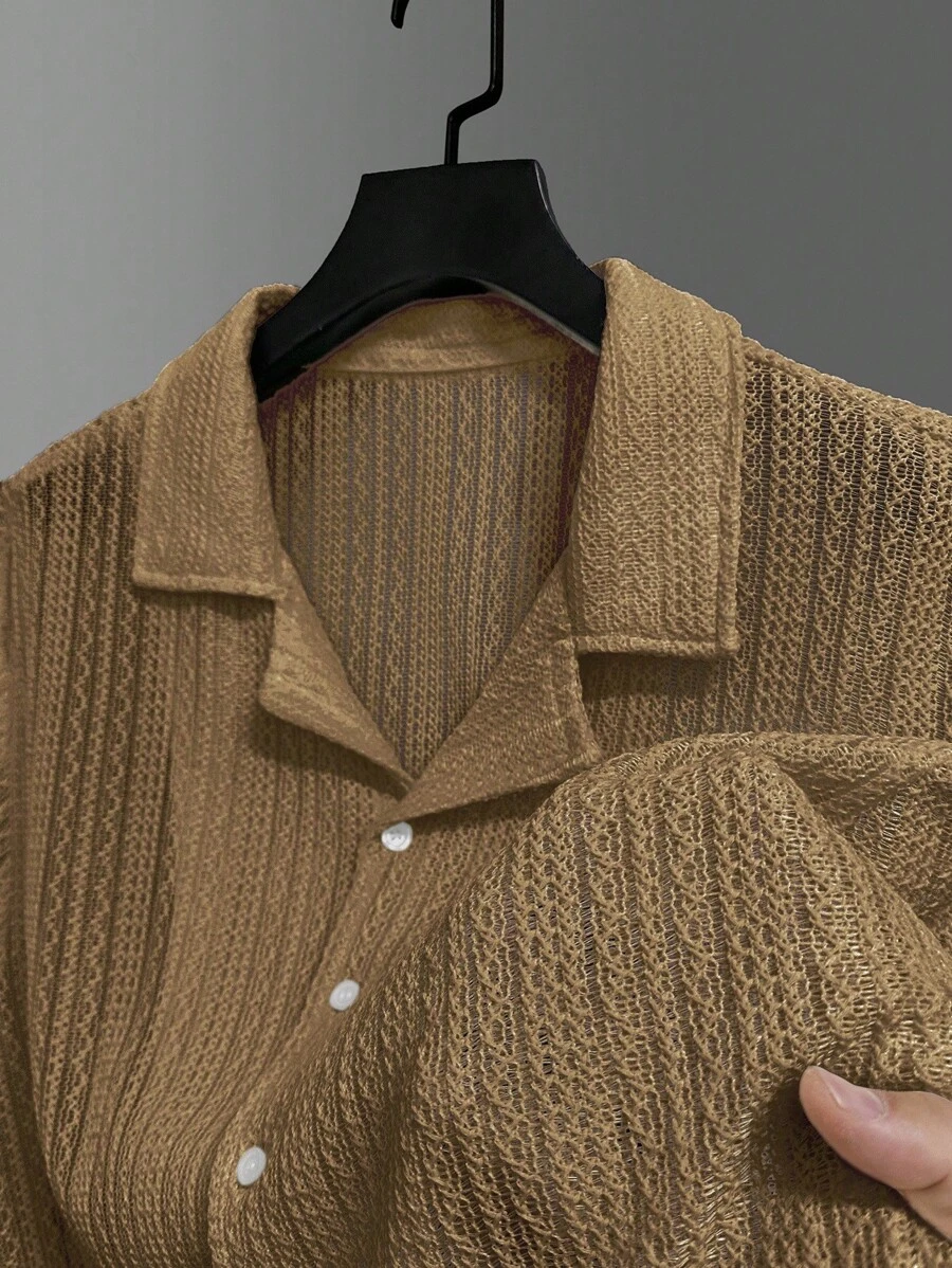 Manfinity Homme Camisa de manga corta de unicolor casual para hombre talla grande, verano - Café integral - Ver 1