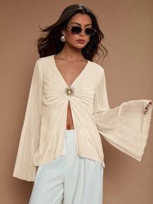 COSMINA Áo cánh tay loe xếp ly voan thanh lịch dành cho nữ, mùa xuân/hè - Màu Khaki - Xem 4