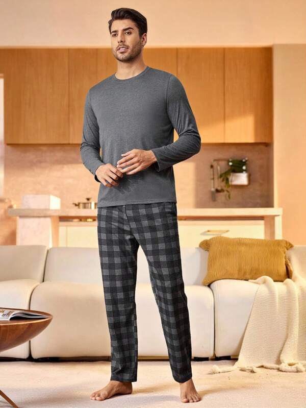 Manfinity Underwear&Sleepwear Basics 2 Stücke Herren Einfarbiges Rundhals Langarm T-Shirt und karierte Hose Lässig Schlafanzug Set