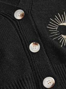 ROMWE Hippie Vintage Mysterious Sun Bestickter Cardigan Pullover für Frauen, Kurzer Stil, Herbst/Winter - Schwarz - Übersicht 3