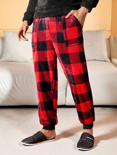 Manfinity Underwear&Sleepwear Basics Pantalones de estar por casa con estampado a cuadros esponjosos para hombre, otoño, invierno, cómodos