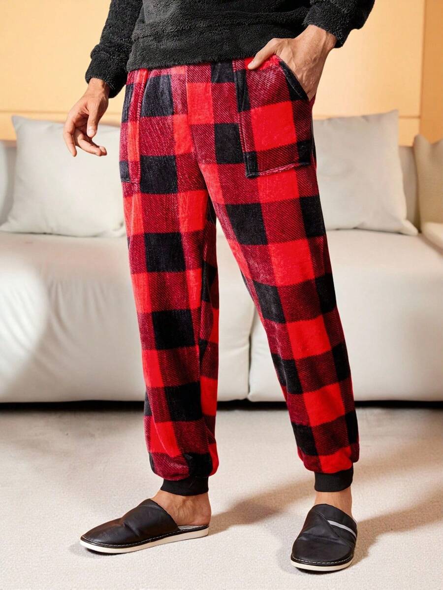 Manfinity Underwear&Sleepwear Basics 男士格子印花蓬松家居裤，秋冬款，舒适保暖 - 彩色 - 查看 1