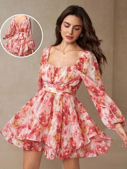 Amorya Women's Floral Chiffon Print Elegant Romantic Graceful Neck Ruffle Sleeve Layered Hem Jumpsuit, Slimmingvestido Festa Juninabeach Beach Outfits For Woman Tea Party Dress Partygraduation Vacationvacation Outfits Fall/Winter Women Clothes Back To School Modest Vintage Old Money Teacher Outfits For Women Airport Beautiful Clothing For Women Valentine's Day  Summer Outfit For Women  Floral Dress