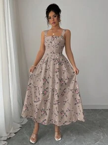 Elenzga 春夏季女士最新花卉印花优雅腰部褶皱长裙 - 棕色 - 查看 5