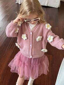 SHEIN Young Girl Cute Floral  /Flowers 3D Knit Long Sleeve Cardigan, Autumn Winter, Daisy Cardigan Kids, Pink,Mom And Daughter & Sisters  Matching. Pink Cardigan With Flowers Fall - Pink - View 2