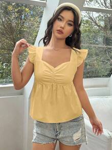 SHEIN Unity Blusa amarilla con textura de unicolor, fruncido en el pecho y cuello en forma de corazón con volante - Albaricoque - Ver 5