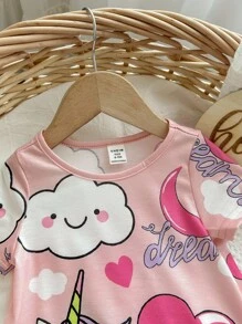 Baby Girl Cute Cartoon Print Short Sleeve Mid-Length Nightgown, Summer - Pink - View 6