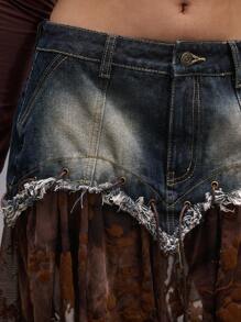ROMWE Grunge Punk Váy denim mini dây rút họa tiết hoa Y2K Retro Punk Grunge viền bất đối xứng viền bèo nhún vát cho nữ - Nhiều màu - Xem 6