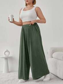EURMUSE Plus Solid Strechy Viscose Fabric Wide Leg Pull On Summer Pants - Army Green - View 3