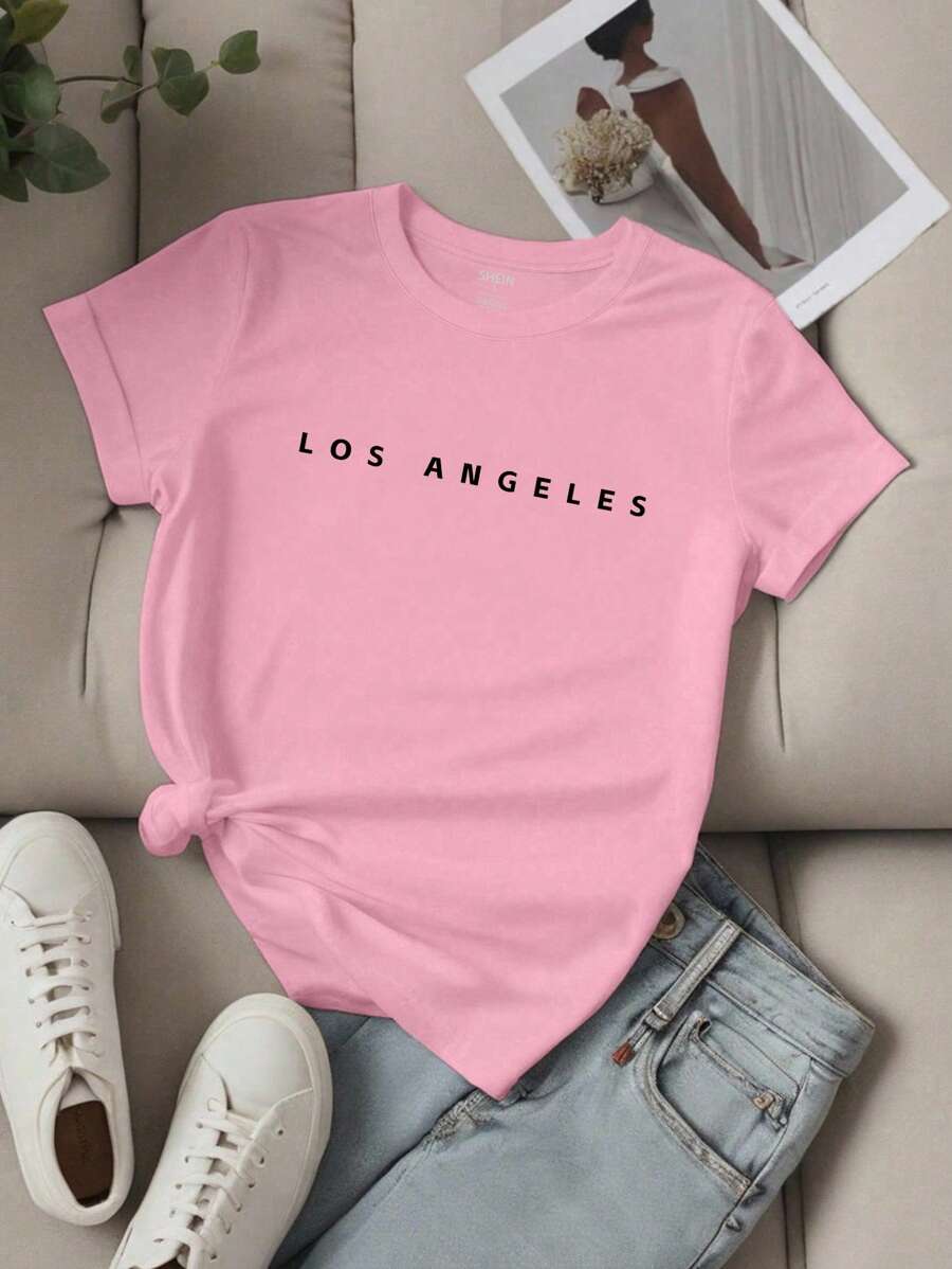 EMERY ROSE 女式字母印花短袖上衣 LOS ANGELES 图案T恤 女式上衣 - 粉色 - 查看 1