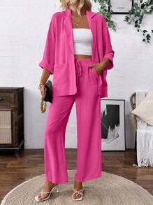 SHEIN Clasi Women's Linen-Like Casual Lapel NeckJacket And Pants Suit Set Powdered Rose Casual Outfits Spring Clothes For University Fall Cloth For Women